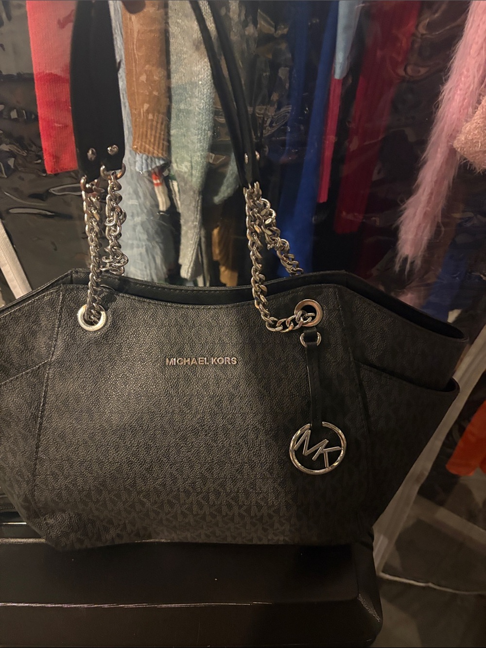 Michael Kors Black Logo-Print Chain Tote